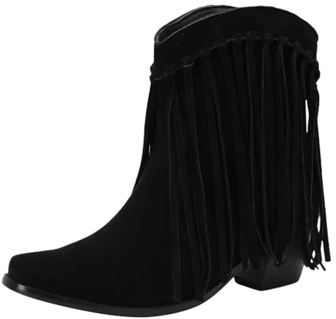 rismart Femmes Cowboy Chevilles Bottines Frangées Large Mollet Petit Bout Carré Western Bootie Noir, 40 EU