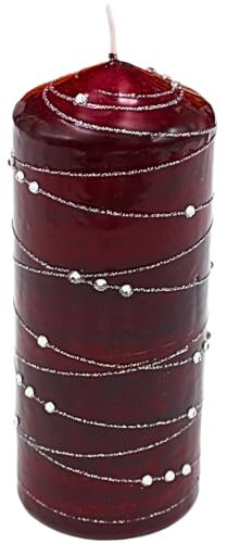 Elegant Pillar Candle, Table Candle, Decorative Candle, Wax Candle with Gemstone Motif, Decorative Bowl Candle as Pillar Height 16 x 7 cm Diameter Silver Stripe, Bordeaux