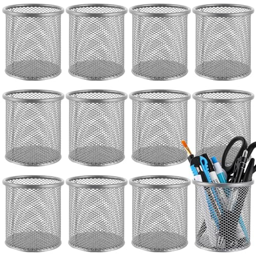 LOPYXBR 12 Stück Stiftehalter, 10x9x9cm Drahtmetall Stifteköcher, Silber Stifthalter Stiftebox, Rund Stiftehalter Schreibtisch, Pencil Holder für Büros und Schulen