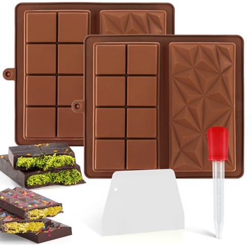 2 Piezas Molde Chocolate, 2 en 1 Moldes Para Chocolate, Molde Chocolate Silicona Profunda, Reutilizables Molde Tableta Chocolate con Espátula y Cuentagotas para Pralinés