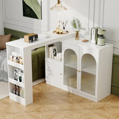 DRIXNO Um 360° Drehbare Essbar, Weiß Rotierender ESS-Barschrank, Multifunktionaler Aufbewahrungsschrank mit Changhong-Glastür, Küche und Esszimmer
