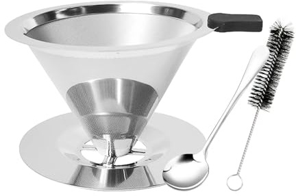 Pour Over Coffee Filter,Stainless Steel Reusable Drip Coffee Strainer with Spoon Brush,Double Mesh Coffee Filter,Paperless Cone Coffee Dripper for Home,Coffee Shop,Office,Camping ﻿