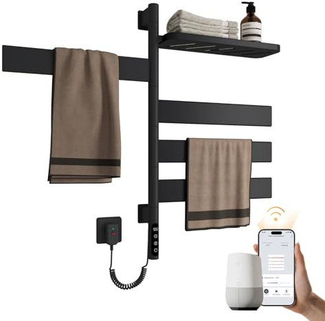 EMKE Handtuchheizkörper Elektrisch, 180° Drehung Badheizkörper Elektrisch mit Lagerregal, Wifi Smart Elektrischer Handtuchtrockner, Handtuchwärmer Handtuchhalter Elektrisch Schwarz 120W