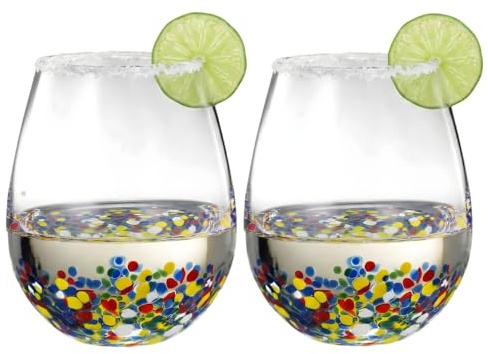 Large Stemless Wine Glasses – Set of 2-14oz Luxury Hand Blown Confetti Margaritas, Martini, Cocktails, Water, Wine, Dessert & Champagne Glasses Cinco de Mayo, Hand Blown - Mexican Confetti Glass