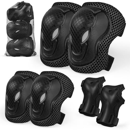 Knä- och armbågsskydd för barn, 6-i-1 justerbar skyddsutrustning för barn med nätväska för skateboard, rullskridskoåkning, cykling och utomhussport (svart, S)