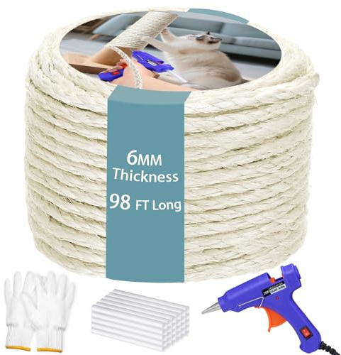 6MM Sisal Rope for Cat Scratching Post 98 FT, Natural Hemp Twine Rope Kit for Scratcher Repair Cat Tree Tower Wall Furniture Replacement with Hot Glue Gun and Sticks DIY Pet Toys Indoor White