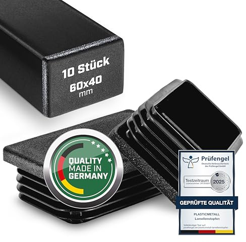 plasticmetall® Lamellenstopfen rechteckig 60x40 mm für Rechteckrohr [10 STK] I Rohrstopfen aus PE - Ideal für Aluprofil, Gartenmöbel & Stuhlbeine I Verschlussstopfen mit FUNKENEROSION-Struktur