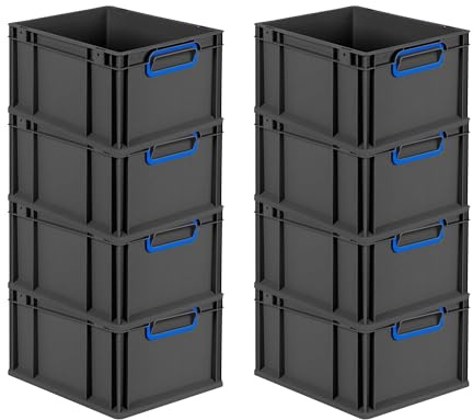 PROREGAL SuperSparSet 8x Eurobox NextGen Color | HxBxT 22x30x40cm | 20 Liter | Griffe blau geschlossen | Schwarz | Eurobehälter, Transportbox, Transportbehälter, Stapelbehälter