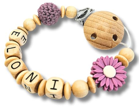 Lovely Personalisiertes Baby Geschenk, Mädchen/Junge, Schnullerkettchen mit Name, Schnullerband, verschiedene Farb-Varianten Daisy (Mauve)