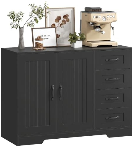 HOMCOM Sideboard mit 4 Schubladen, mit 2 Türen, 105 x 40 x 76 cm, Schwarz | Beistellschrank, Küchenschrank, Aufbewahrungsschrank mit Verstellbarem Einlegeboden, für Wohnzimmer
