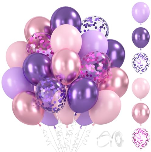 BlooMoo 60 Stück Luftballons Rosa Lila, 12 Zoll Latex Luftballons Pastell Rosa Lila, Metallic Ballons und Konfetti Ballons Set, für Prinzessinnen Geburtstag Hochzeit Brautparty Party Dekoration