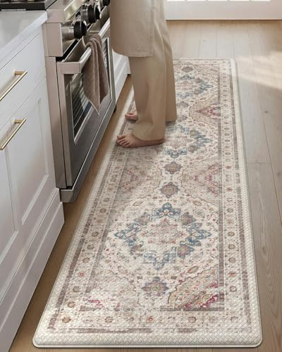 COLOR&GEOMETRY 10mm Vintage Küchenläufer rutschfest, 60x220cm, Haferfarbe | Boho Küchenmatte aus Leder, Wasserfeste & ölbeständige Stehmatte, Küchenteppich Anti-Ermüdungs für Küche