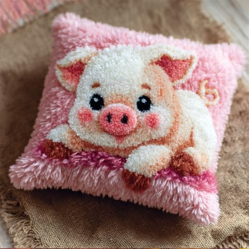Taxpy Latch Hook Kits DIY Throw Pillow Cover Cute Pink Pig Latch Hook Sofa Cushion Cover Embroidery Craft Kit for Adults and Beginners Pattern Printed Canvas Creativity Crochet 17X17 Inch