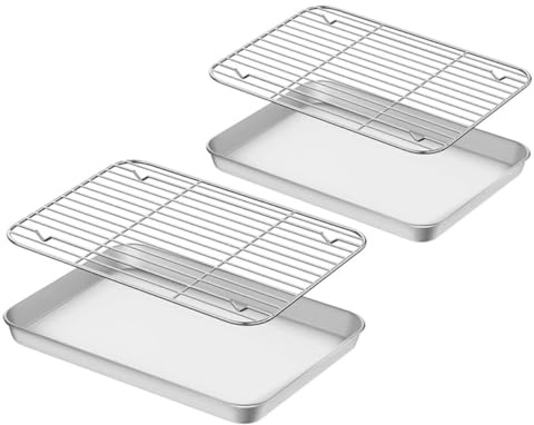 Sosoport Bandejas para Hornear con Rejilla de Acero Inoxidable, Tamaños 23.5x17.5x2.5 Cm y 26.5x20.5x2.5 Cm, Resistentes, Aptas para Hornear y Enfriar, Juego de 2 Unidades para Repostería