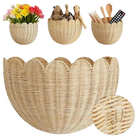 Cesta de pared festoneada, cesta de mimbre colgante tejida a mano para pared, organizador de ratán decorativo, para entrada, cocina, oficina