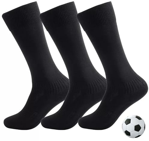 InfiniZer 3 Pairs Football Socks Men Boys Breathable Knee High Rugby Sock Towel Bottom Soccer Socks for Adults Kids Teenage Sport Training (L, Black)