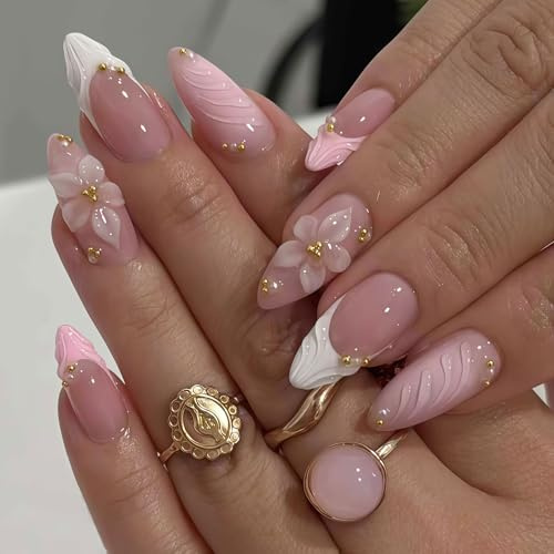 Xanthell Press On Nails, 24 stycken 3D-rosa gammaldags franska spetsar falska naglar, medium press på naglar, konstgjorda naglar, återanvändbara naglar med självhäftande betabs