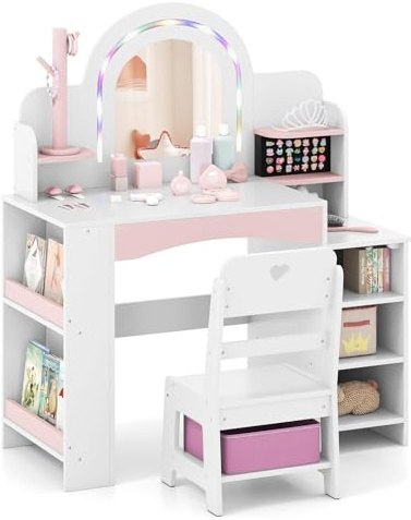 FANTASK 2 in 1 Schminktisch Kinder Set, Schreibtisch Holz mit Buntem Spiegel & Bücherregal, Prinzessin Frisiertisch mit Regalen, Schmuckhalter & Stoffbox, Kosmetiktisch für Mädchen ab 3 Jahren (Weiß)