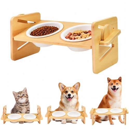 Xygobla Raised Dog Bowls with Stand 4 Level Bamboo | Foldable Elevated Dog Feeding Station with 2 Ceramic Bowls Bamboo Dog Stand 16cm High for Small Dogs and Cats Feeding