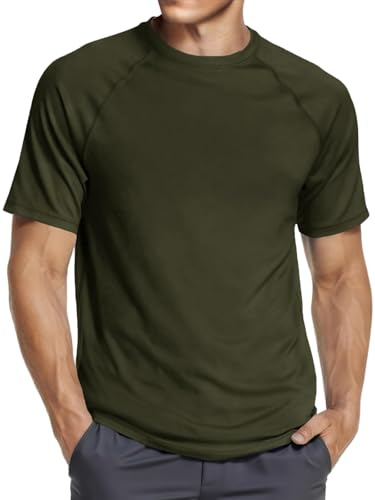 Runcati T-shirt sport pour homme à manches courtes et col rond été, t-shirt fonctionnel pour hommes, séchage rapide, fitness, gym, t-shirt de sport uni, léger, t-shirts de loisirs, Vert armée., XL