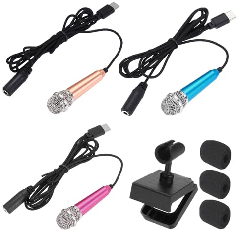 QUARKZMAN 3 Pcs Micrófono Pequeño Tipo Teléfono Mic Mini Con Soporte | Dorado/Rosa Fuerte/Azul, Cubierta De Espesoruma, Para Grabar Voz En Teléfono, Micrófono Mini