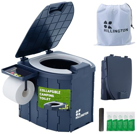 Hillington Portable Camping Toilet 150kg Capacity – Foldable Travel Toilet with Padded Seat, Carry Bag, Toilet Roll Holder & Disposal Bags with Absorbent Gel - Portable Toilet for Camping & Festivals