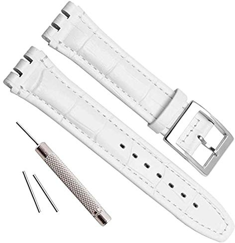 OliBoPo Bracelet de montre en cuir de vache à grain d'alligator avec boucle en acier inoxydable pour Swatch (17 mm, blanc)