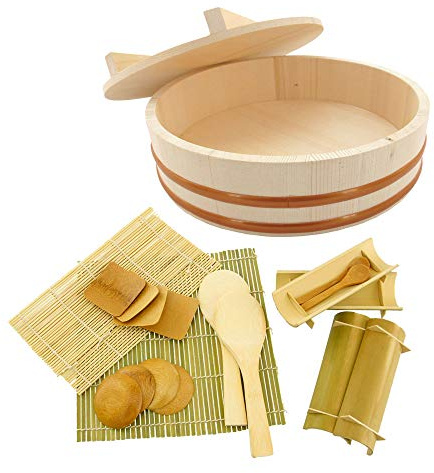 BambooMN Hangiri Oke Sushi-Reiskühlschüssel/-wanne mit Deckel, 19-teiliges Servierzubehör-Set, mittelgroß, 30 cm
