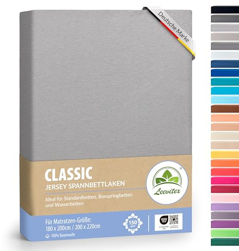 leevitex® Premium Wasserbett & Boxspringbett Spannbettlaken | 100% Baumwolle | 150 g/m² | Markenqualität | Ökotex |180 x 200 – 200 x 220 cm - Grau