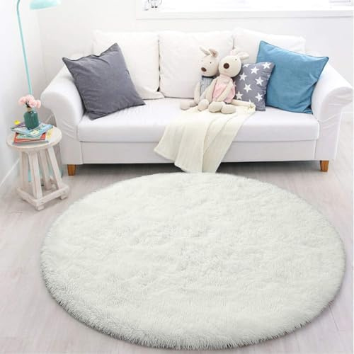 Tinyboy-hbq Teppich Rund Flauschig Teppiche Groß Modern Hoher Stapel rutschfest Ultra Weich Passend für Wohnzimmer Schlafzimmer Kinderzimmer,Weiß,160x160cm