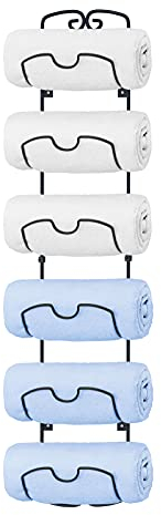 Wall Mounted Towel Rack, Metal Hanging Towel Holder with 6 Compartments, Bathroom Practical Towel Storage Rail, Black