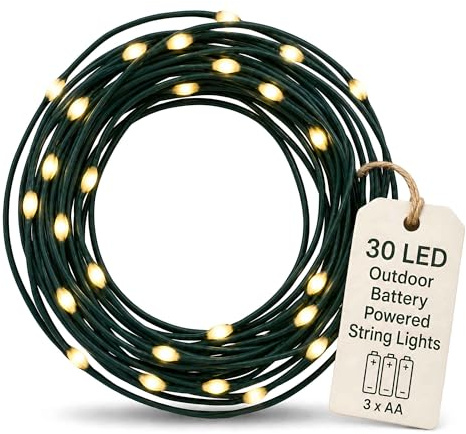 Qbis Battery Powered Outdoor Lights, Multifunction with Timer, Warm White Outdoor Christmas Lights, 3m Fairy Light on Green Wire. Ideal for Wreath Decoration (30 LED Green Wire)