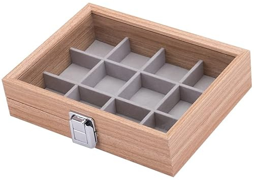 Kleine Holz Schmucklade 12 Fächer für Ringe Ohrringe Halsketten Armbänder Schmuckkasten Schmuckkoffer Schmuckbox Schmuckschatulle Aufbewahrungsbox Deckel mit Echtglas