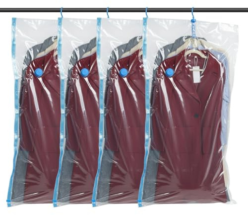 Spacesaver Hanging Vacuum Storage Bags (Pack of 4) - Vacuum Sealer Bags, Closet Organizer, Sealed Storage, Space Bag - Blanket, Bedding, Garment, Clothing, Dress, Suit, Long Coat, Jacket