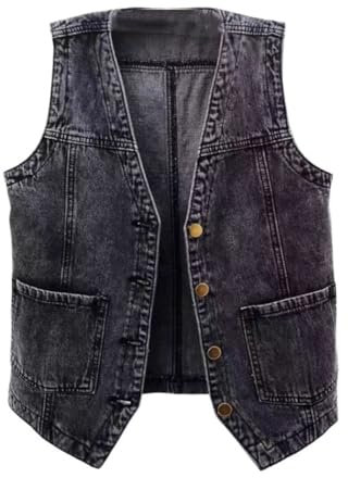 OLGER Jeansweste-Vintage Washed Denim Weste Daily V-Ausschnitt Kurze Jeansweste Plus Size Jeansjacke Cropped Freizeit Sommer Frühling Jeansjacke Knopfleiste Cardigan Top,Schwarz,L