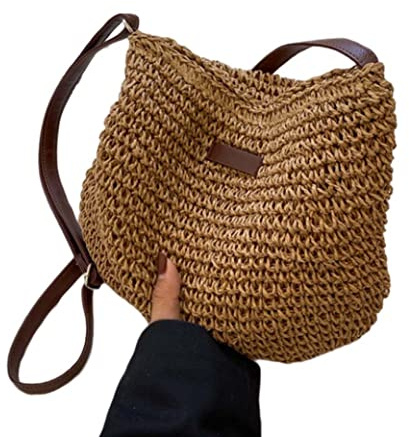 Gcroet Straw Beach Bag, Summer Straw Bag Female Fashion Braided Single Shoulder Crossbody Bag All-Match Beach Bag Khaki