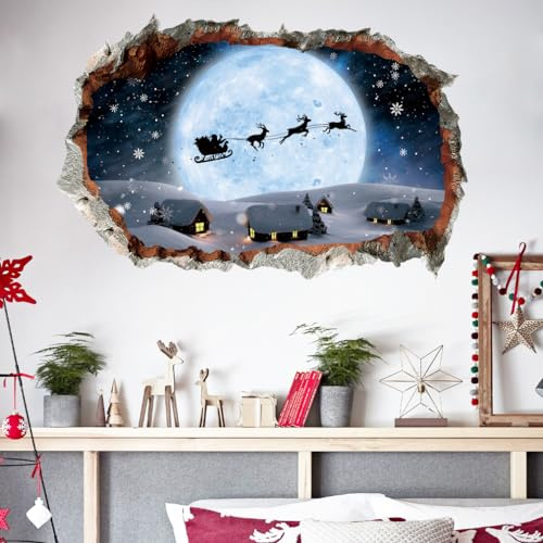 HPNIUB 3D Risswand Vollmond Schlitten Weihnachten Wandtattoo Winter Deko