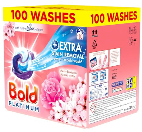 Bold Platinum Pods, Laundry Detergent, Washing Liquid Pods/Capsules, 100 Washes - Cherry Blossom & Rose Water - Extra Stain Removal Even In a Cold Wash