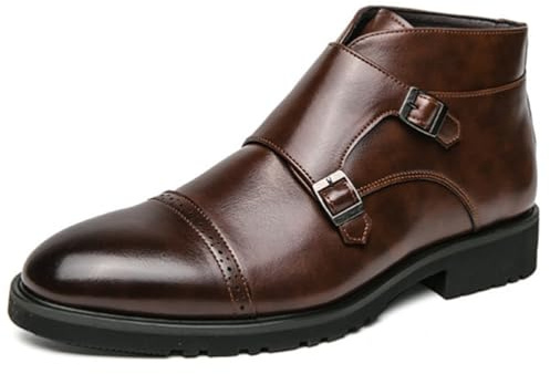 ANUFER Hombre Elegante Doble Hebilla Monje Botines Puntera Puntiaguda Negocio Zapatos de Vestir Café SD5A1110 EU41