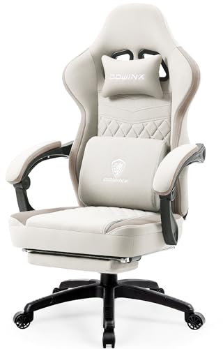 Dowinx Gaming Stuhl Stoff, Massage Gaming Sessel mit Fußstütze, Ergonomischer PC Stuhl Gamer Stuhl Bürostuhl 150 kg belastbarkeit, Beige