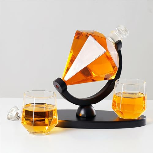 FIYSON Whisky & Wein Karaffe, Globus/Diamant Dekanter Whiskey Set -900 ml -Eingravierte Weltkarte,Geschenke für Männer,Weihnachten,Geburtstag -Inkl 2 Whisky Gläser & Holzsockel & Trichter (Diamant)