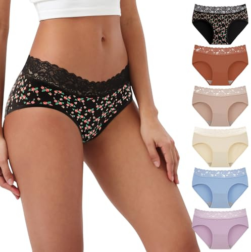 INNERSY Pants for Women Cotton Lace Knickers Midi Ladies Underwear Sexy Full Briefs Multipack 6 (12, 1 Rose/5 Plain)