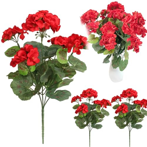 Pesoncarl Artificial Flowers, 3 PCS Artificial Geraniums for Outdoors, 14inch Silk Outdoor Artificial Flowers Uv Resistant Bendable Faux Flowers Outdoor Fake Flower, Red