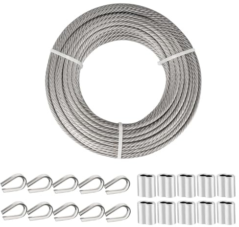 TooTaci 6mm Drahtseil, 15M/6mm Edelstahlseil Spanndraht 7x19 Litzen Flugzeugkabel, 6mm Stahlseil mit ösen, Crimphülsen, Fingerhut, für Zaun, Zipline, Deckgeländer, String Light Suspension