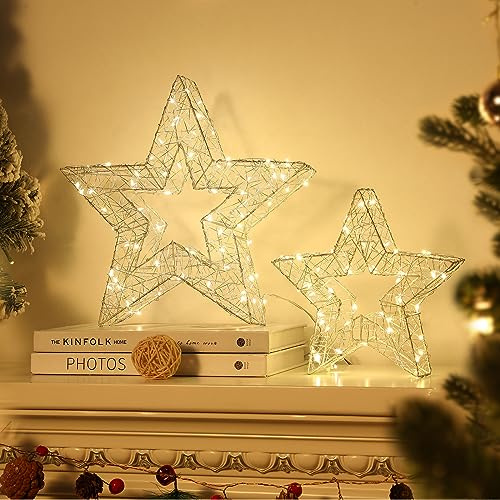 Lewondr Stern Tischlampe, 2 Stück Hohl Stern LED Lampe für Innen, Silber
