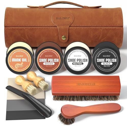 Shoe Polish Kit, 13PCS Leather Shoes Shine Kit for Men with Black Brown Neutral Polish, Mink Oil, Horsehair Brushes for Leathers Boot Care as Mens Dad Christmas Gifts Ideas