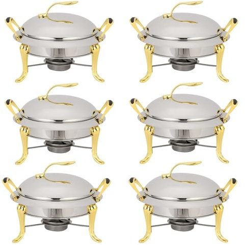 3L Chafing Dish Set, Full Size Stainless Steel Round Buffet Server with Pans, Lid and Fuel Holders, for Catering Party Wedding Dinner Food Warmer(Gold,6 Pack)