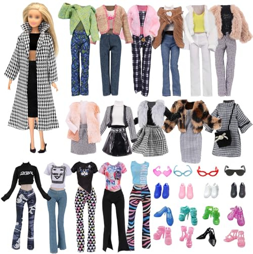 30 vestiti compatibili con bambole 1 mila uccello cappotto a quadri 2 cappotti invernali 4 top 1 maglione 2 gonne 3 pantaloni 1 cappello 2 occhiali 4 sneakers 10 tacchi alti, per bambole da