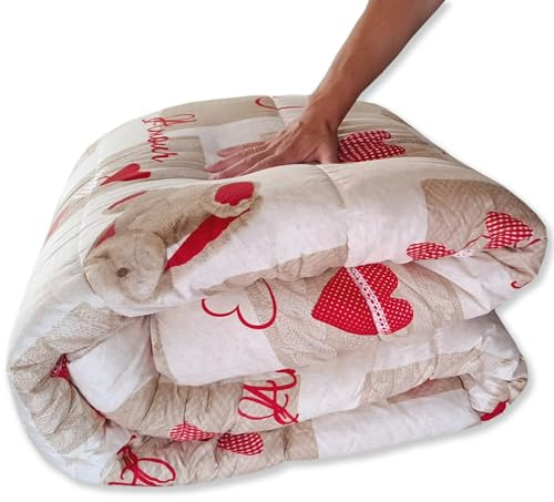 Home Tresor - Trapunta Coperta Autunnale Invernale Piazza e Mezza Piumone Imbottito Letto Caldo Morbida Microfibra Anallergica Traspirante Cuori Shabby dis.12 cm 210x250