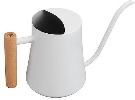 Jarra de agua de acero inoxidable retro para plantas pequeñas con mango de madera para uso en interiores al aire libre 1000 ml (blanco)